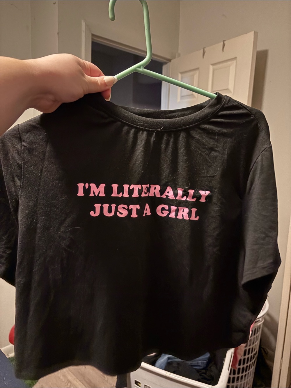 SHEIN Black Crop Top with Pink "I'M LITERALLY JUST A GIRL" Graphic